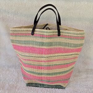 Tote Le Monde Striped Pink and Green Raffia Woven Tote Bag